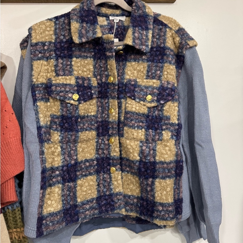 Plaid Top with Blue Sleeves